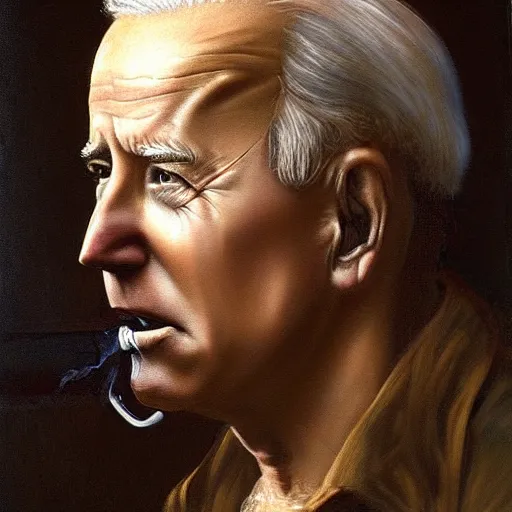 Prompt: a hyper realistic painting of joe Biden smoking a crack pipe. Leonardo da Vinci. Masterpiece 4k