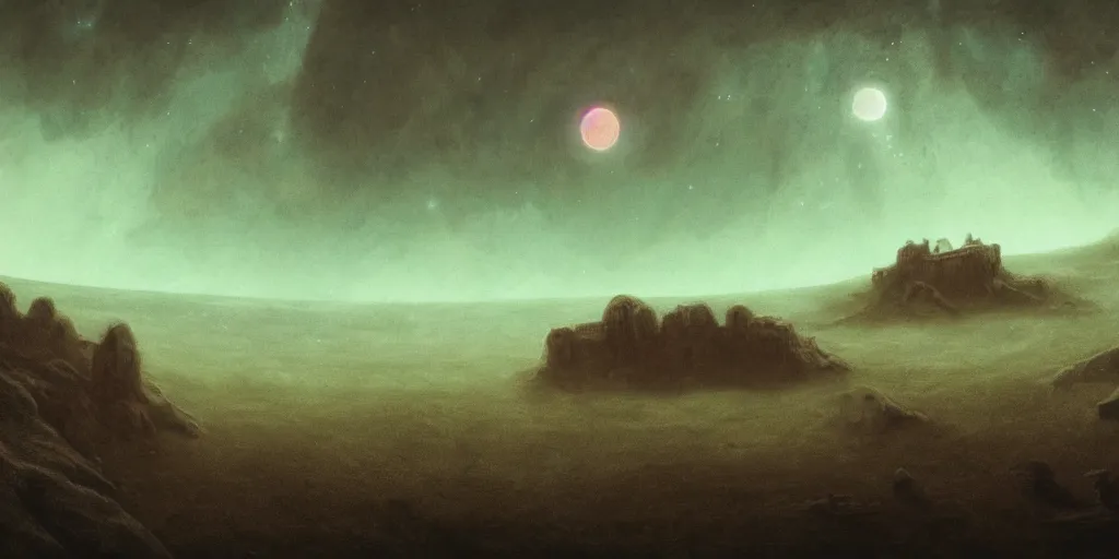 Image similar to epic landscape of ancient tombs of forgotten doom under haunting sky full of stars, uneasy landscape of barren exoplanet gliese, lakes of molten quicksilver among the ruins, inspired by beksinski, trending on artstation