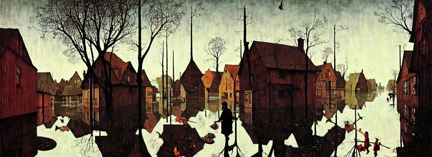 Image similar to flooded old wooden street, very coherent and colorful high contrast masterpiece by norman rockwell franz sedlacek hieronymus bosch dean ellis simon stalenhag rene magritte gediminas pranckevicius, dark shadows, sunny day, hard lighting, reference sheet white background