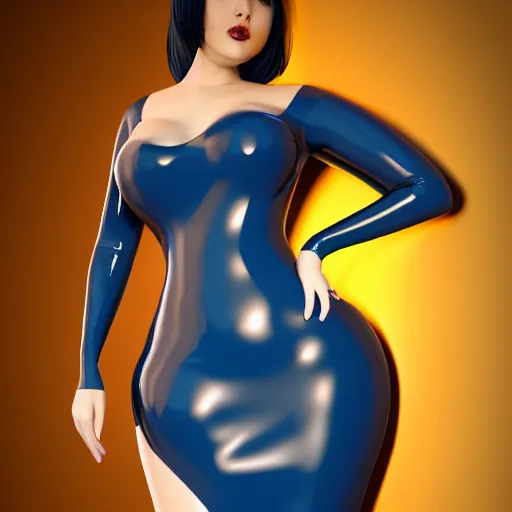 Image similar to curvy feminine hot goth cutie in a sublime elegant polished blue-gold latex neck-high gown with fishnet accents and polished latex stockings, thin waist, cgsociety, photorealistic, comfy ambience, idealistic, 16k, smooth, sharp focus, trending on ArtStation, volumetric lighting, fully clothed, worksafe
