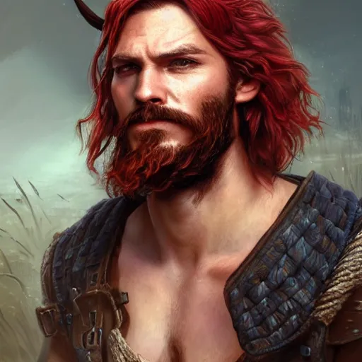 Image similar to portrait of a young pirate, 30 years old, male, ruggedly handsome, masculine, upper body, red hair, long hair, D&D, fantasy, intricate, elegant, highly detailed, cinematic lighting, digital painting, artstation, concept art, seductive, cutscene, sharp focus, illustration, art by Artgerm and Greg Rutkowski and Alphonse Mucha