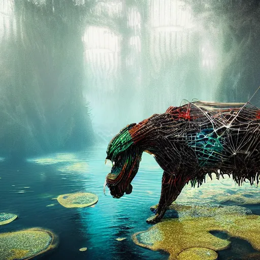 Image similar to cyber crystal animal, in a sulphur lake in new zealand : by michal karcz, guillermo del toro :, dynamic, particulate, intricate, elegant, highly detailed, centered, artstation, smooth, sharp focus, octane render