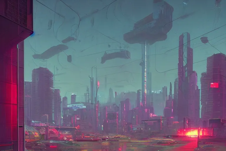 Image similar to cyberpunk landscape, by Simon Stålenhag