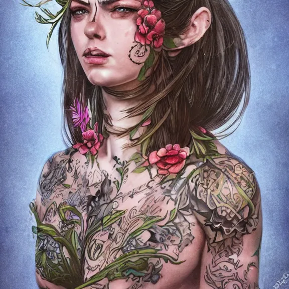 Image similar to christine henderson as a female warrior, body covered in floral tattoos, d & d, fantasy, highly detailed, digital art, trending on artstation, smooth, sharp focus, illustration, art by peter tang and artgem