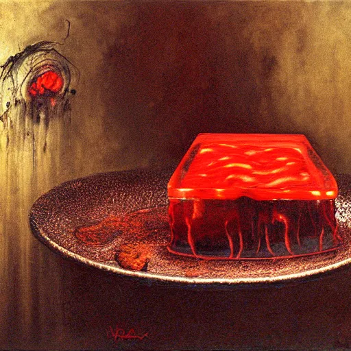 Image similar to meat jelly aspic on bone plate, incenerate painting by david cronenberg, beksinski, bernie wrightson, trending on artstation, horror film, creepypasta