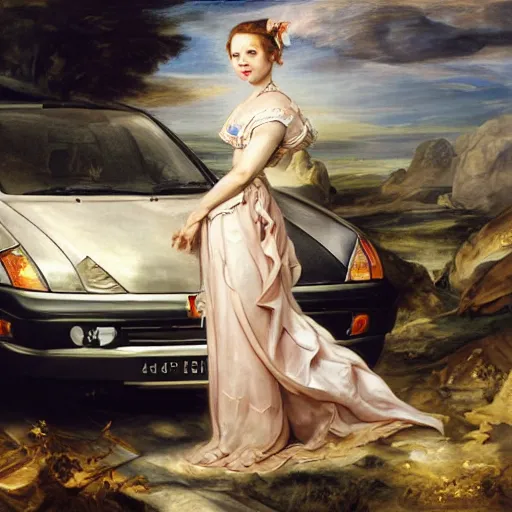 Prompt: heavenly summer sharp land sphere scallop well dressed lady standing next to a honda civic, auslese, by peter paul rubens and eugene delacroix and karol bak, hyperrealism, digital illustration, fauvist, standing next to a honda civic