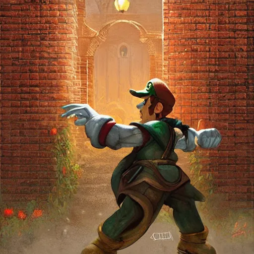 Image similar to man super mario is an rpg character, hiding behind a brick wall, dark mood, highly detailed, digital painting, artstation, illustration, art by artgerm and greg rutkowski and alphonse mucha