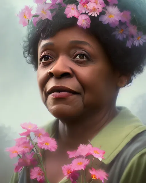 Image similar to moms mabley surrounded by mist and pretty flowers, very detailed, realistic face, detailed face, matte, tonemapping,, perfection, 4 k, cushart krenz, cinematic, atmospheric