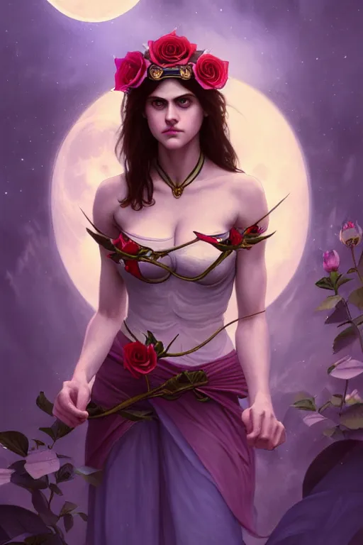 Image similar to photography alexandra daddario as a rose flower, dreamy, moonlight, deep focus, d & d, fantasy, complex, elegant, highly detailed, digital painting, artstation, concept art, matte, clear focus, illustration, hearthstone, artgerm art, greg rutkovsky and alphonse mucha