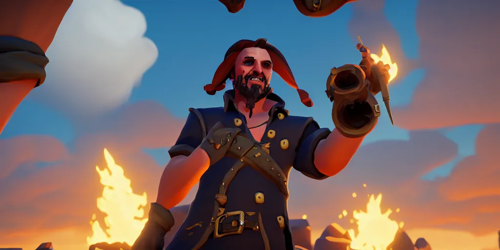 Image similar to selfie of a sea of thieves character, sea of thieves screenshot, storm, unreal engine, digital art