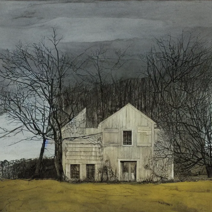 Image similar to a building in a landscape, by andrew wyeth