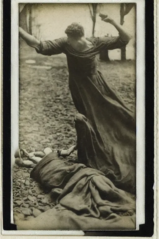 Image similar to man falling apart while a woman tries to hold the fallen parts, 1 9 1 0 polaroid photo