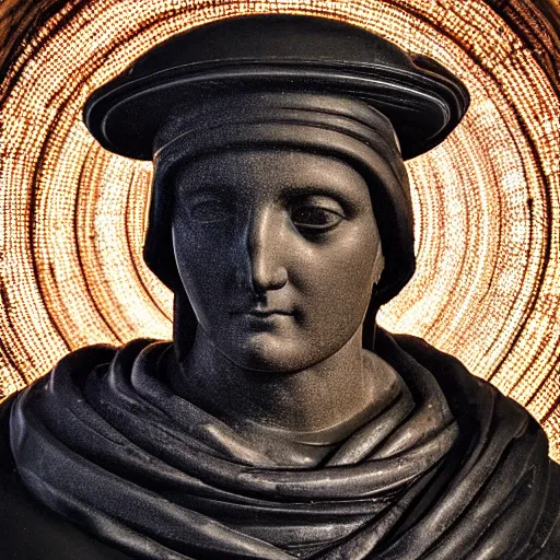 Image similar to a neon circle as a hat on a renaissance statue head, black background, ray tracing, 8 k resolution, sharp focus, hyper detailed, hyper realistic