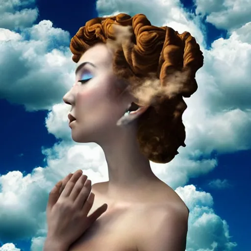 Image similar to goddess wearing a cloud fashion on the clouds, photoshop, colossal, creative, giant, digital art, photo manipulation, clouds, sky view from the airplane window, covered in clouds, girl clouds, on clouds, covered by clouds, a plane