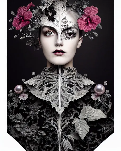 Image similar to monochrome profile portrait painting, dutch masters, silver lace floral steampunk biomechanical beautiful young female cyborg with one fluo techno eye, monocular, volumetric light, leaves foliage and stems, hibiscus flowers, rim light, big gothic fashion pearl embroidered collar, 8 k