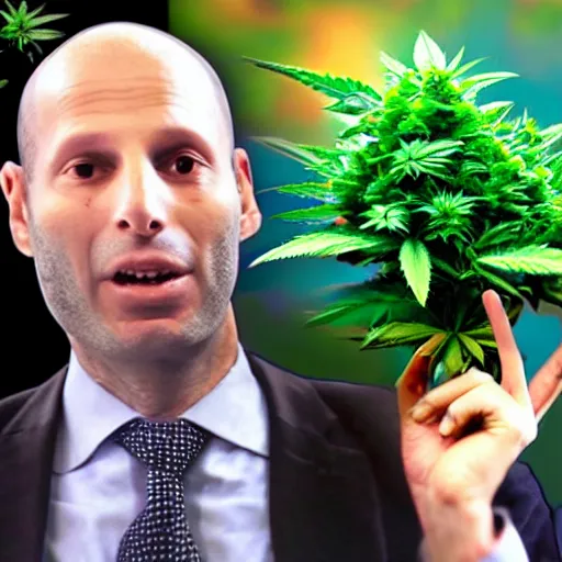 Image similar to naftali Bennett holding a giant marijuana plant, amazing digital art, highly detailed