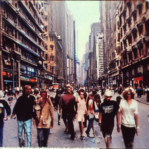 Prompt: wide - shot very low - angle, ant's eye view, messy photo of walking people in the busy street, crossing road, polaroid photo, by andy warhol