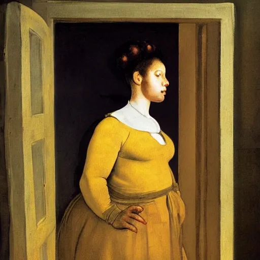 Image similar to a black girl in a gold haunted liminal room, digital painting by goya and balthus, colors by pontormo, lights by hopper, extreme detail, liminal aesthetic, background art nouveau,