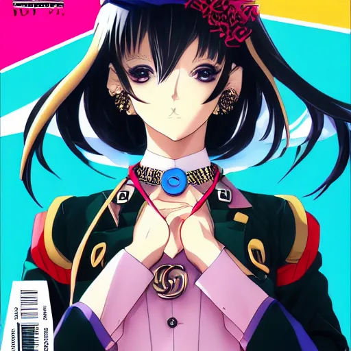 Image similar to Magazine Cover Anime key visual of a Gucci girl; official media; typography; drawn by Hirohiko Araki; Jojo's Bizarre Adventure; Jojolion, portrait, made by Stanley Artgerm Lau, WLOP, Rossdraws, James Jean, Andrei Riabovitchev, Marc Simonetti, Yoshitaka Amano, ArtStation