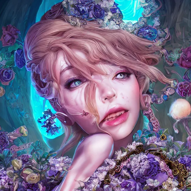 Prompt: the portrait of chaotic evil female necromancer mastermind as absurdly beautiful, gorgeous, elegant, cute young idol, an ultrafine hyperdetailed illustration by kim jung gi, irakli nadar, intricate linework, bright colors, octopath traveler, final fantasy, unreal engine 5 highly rendered, global illumination, radiant light, detailed and intricate environment