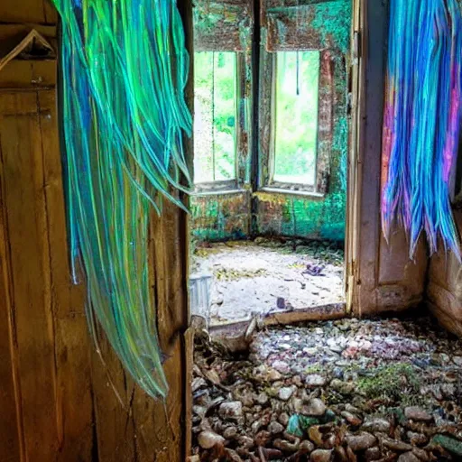 Prompt: abandoned cottage interior filled with iridescent jellyfish