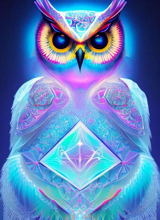 Image similar to symmetry!! product render poster vivid colors divine proportion owl, ice and snow, glowing fog intricate, elegant, highly detailed, digital painting, artstation, concept art, smooth, sharp focus, illustration,