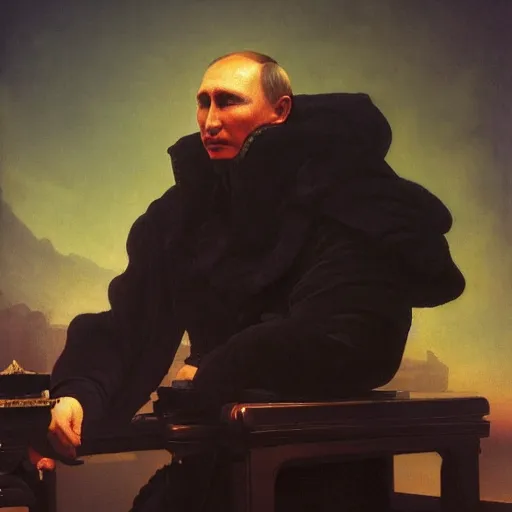 Image similar to putin is a sith lord, by ivan aivazovsky and syd mead and moebius and gaston bussiere and roger dean and pieter claesz and paul delaroche and alma tadema and gerard ter borch, hyperrealistic, volumetric light, octane render