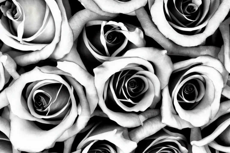 Prompt: still photo of roses buring in flames, black and white color aesthetic, highly detailed, photorealistic portrait, bright studio setting, studio lighting, crisp quality and light reflections, unreal engine 5 quality render