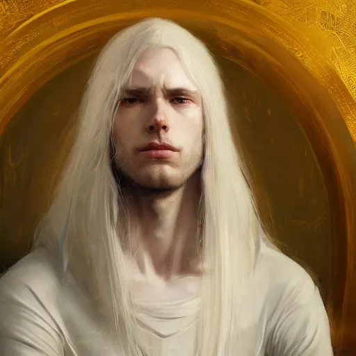 Image similar to character design, portrait of a attractive male with pale skin, long white hair and proeminent cheekbones, medieval, dark armor, painting by wlop, nixeu and greg rutkowski, beautiful, cgsociety, semirealism, artstation, octane render, sharpness, 8 k, golden ratio