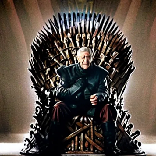 Prompt: a tv still of ian mckellen, as a king wearing an over - sized crown, sitting on the iron throne
