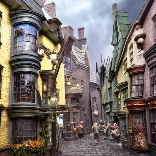 Prompt: photo of a diorama of diagon alley, outside view, extreme details, soft lighting, realistic octane render, depth of field, tilt shift, 8k