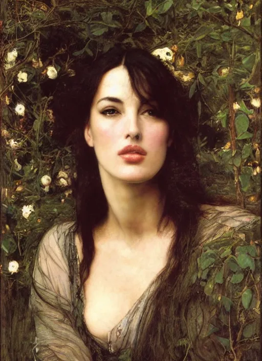 Image similar to a beautiful painting of monica bellucci by John Everett Millais and Dante Gabriel Rossetti and John Collier and john william waterhouse, pre-raphaelite, detailed, trending on artstation, hd, masterpiece