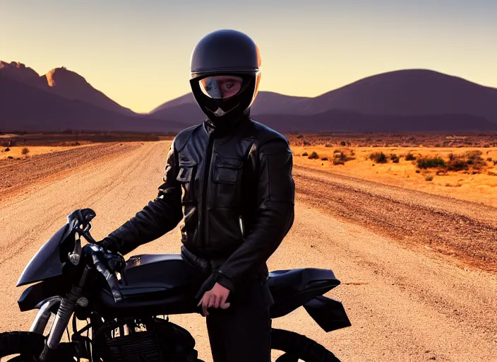 Prompt: portrait photo of young man posing with a black modular helmet and a motorcycle on a desert road, wearing a black modular helmet, silhouette of mountains in background, sunset, golden hour, cinematic, octane, 4 k, 8 k, art gallery masterpiece by rainer schlegelmilch and louis klemantaski and james moy