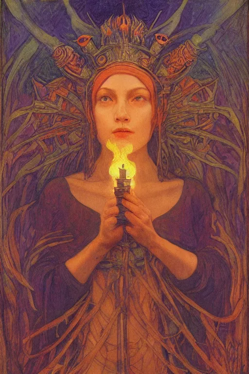 Image similar to queen of the swamp with her lantern by Annie Swynnerton and Nicholas Roerich and jean delville, strong dramatic cinematic lighting , ornate headdress , flowing robes, lost civilizations, smooth, sharp focus, extremely detailed