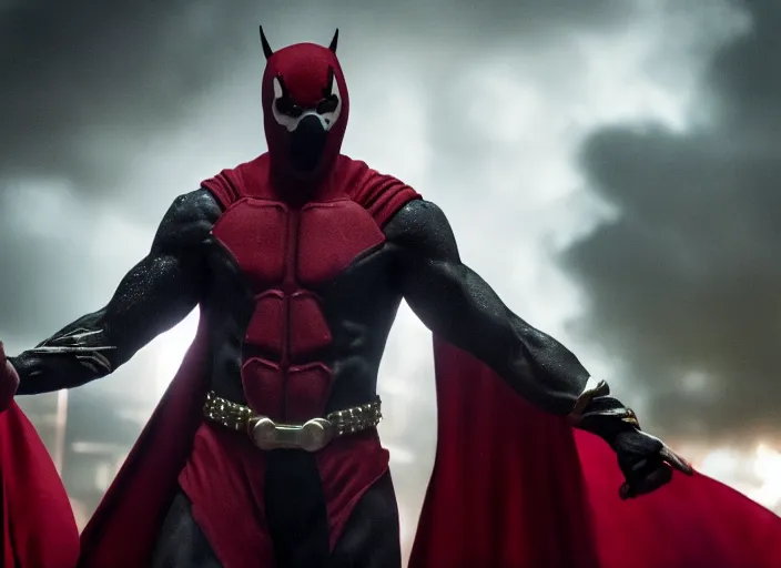 Image similar to film still of michael b jordan as spawn in the new spawn movie, giant chains, large cape, 8 k
