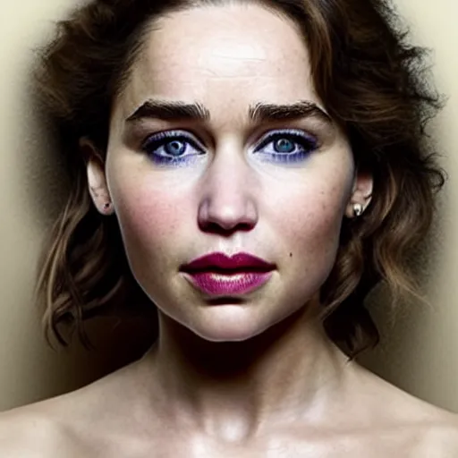 Image similar to a woman who is a genetic combination of 4 women : emilia clarke and jennifer lawrence and emily rudd and taylor swift, medium shot, detailed eyes,