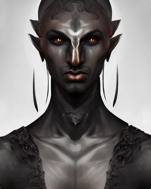 Prompt: portrait of a feminine male dark elf, obsidian skin, fantasy, elegant, intricate, highly detailed, digital painting, artstation, concept art, sharp focus, illustration