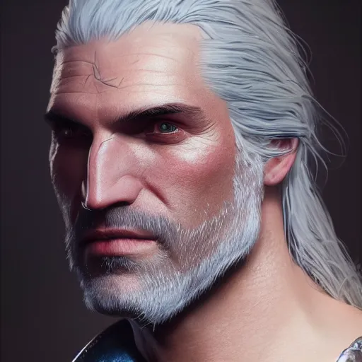 Image similar to Portrait of Geralt of Rivia by Michele Soavi, closeup, 8k, photorealism, Tom Bagshaw, global illumination, volumetric lighting, CGsociety, radiant light