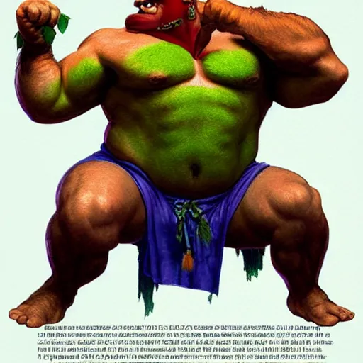 Prompt: chris farley as blanka from street fighter with green skin and orange body hair, flexing, ultra realistic, concept art, intricate details, eerie, highly detailed, photorealistic, octane render, 8 k, unreal engine. art by artgerm and greg rutkowski and magali villeneuve and alphonse mucha