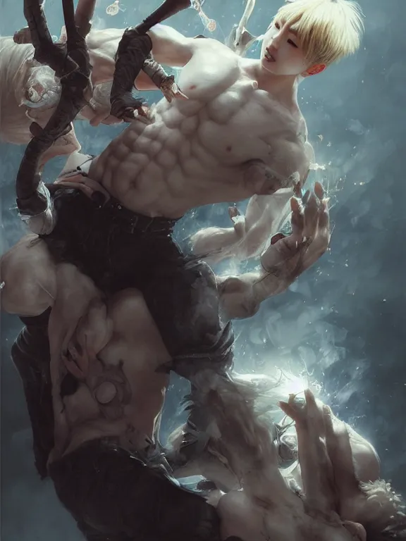 Prompt: Kpop boy idol with an eyeball head performing on stage. BTS. Eye exam. Friendly horror. Realistic. Wonho. y Ruan Jia and Artgerm and Range Murata and WLOP and Ross Tran and William-Adolphe Bouguereau. Key Art. Fantasy Illustration. award winning, Artstation, intricate details, realistic, Hyperdetailed, 8k resolution.