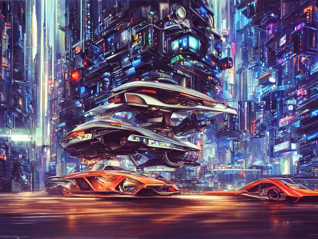 Prompt: hyperrealistic painting of a slice of life from a futuristic city, mechanical designs, futuristic vehicles, technological, detailed engineering, night, vivid color, elegant, meticulous, cinematic, cyberpunk style, highly detailed!, realism, intricate, acrylic on canvas, 8 k resolution, concept art, by noriyoshi ohrai, john berkey, james gurney