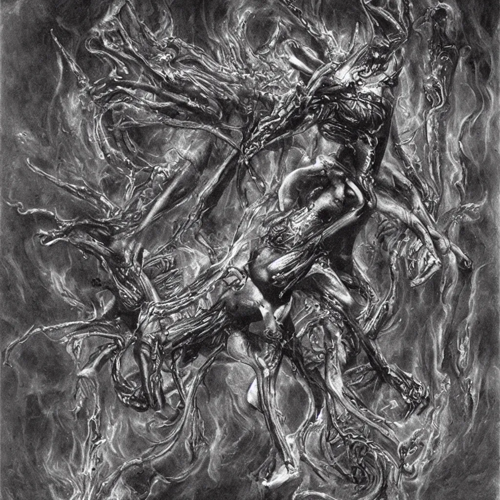 Image similar to a detailed demon ballerina leaving a trail of smoke in a pool of lava by h. r. giger