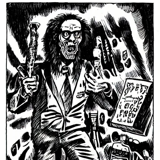 Image similar to a Pop Wonder scary horror themed goofy-hilarious-character r-Crumb, dime-store-comic drawn with charcoal and pen and ink, half-tone-line-stacking