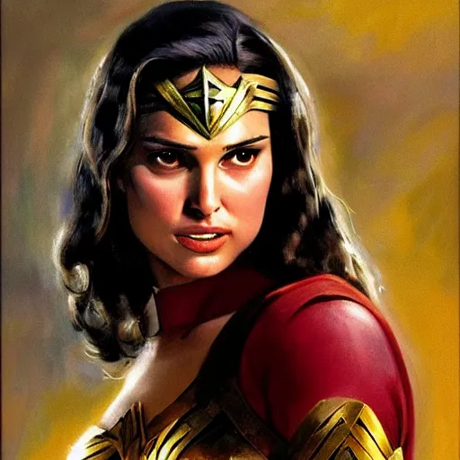 Image similar to ultra realistic portrait painting of natalie portman as wonder woman, art by frank frazetta, 4 k, ultra realistic, highly detailed, epic lighting.