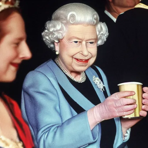 Image similar to Queen Elizabeth drinking beer from a shoe