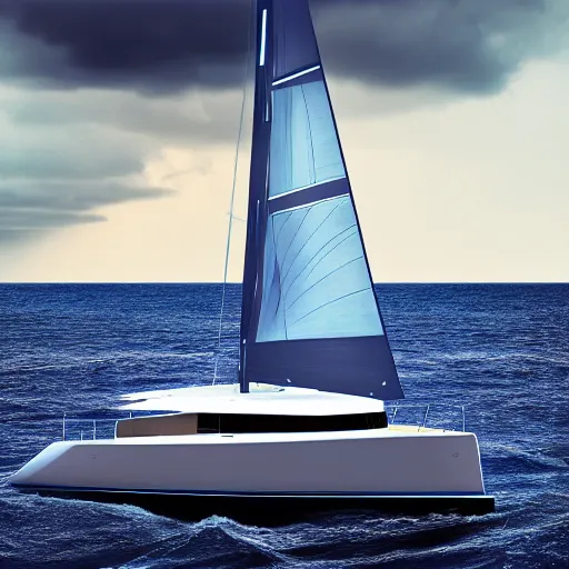 Prompt: catamaran yacht on the ocean during a storm painting, 4 k, hyper realistic, dslr, high resolution, landscape, beautiful