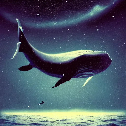 Image similar to portrait of whale swimming on a dark night sky, swimming across the universe, galaxies, oniric, dreamy, beautiful, highly detailed, realistic, cinematic, dynamic composition, trending on artstation