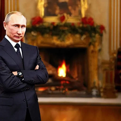 Image similar to portrait vladimir putin looking into a log fire smirking reflections lighting clasical