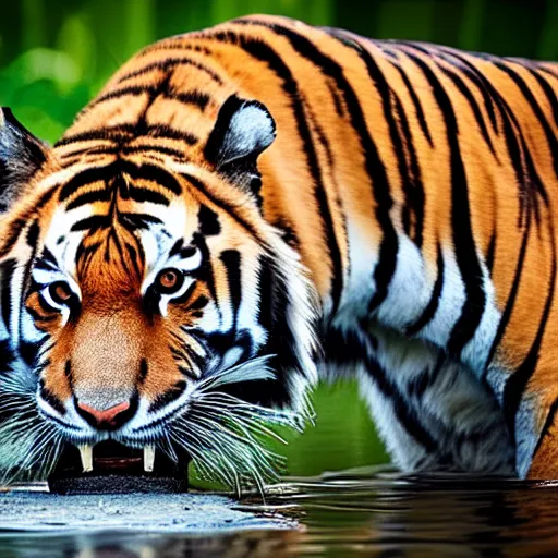 Image similar to beautiful tiger drinking from a pod, natural light, 85mm by Emmanuel Lubezki