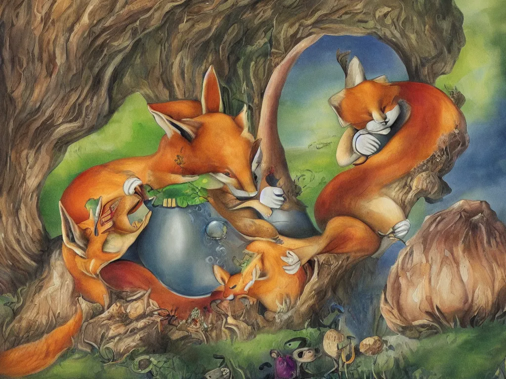 Prompt: painting depicting a gnome and a fox embracing under a large mushroom, in the style of Salvador Dali